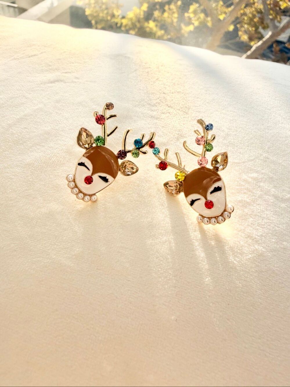 Christmas Reindeer Earrings Rhinestone Enamel Pearl Holiday Statement